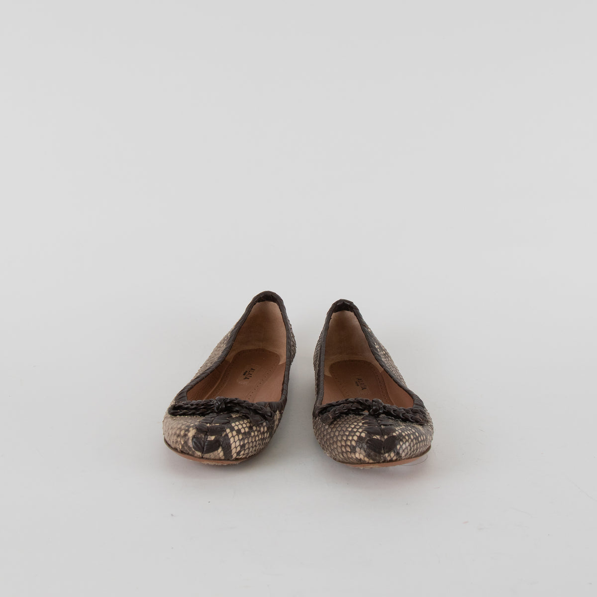 Alaia Brown Snake Skin BraIded Bow Flat Pumps
