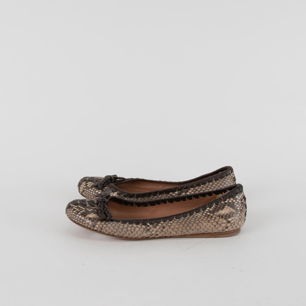 Alaia Brown Snake Skin BraIded Bow Flat Pumps
