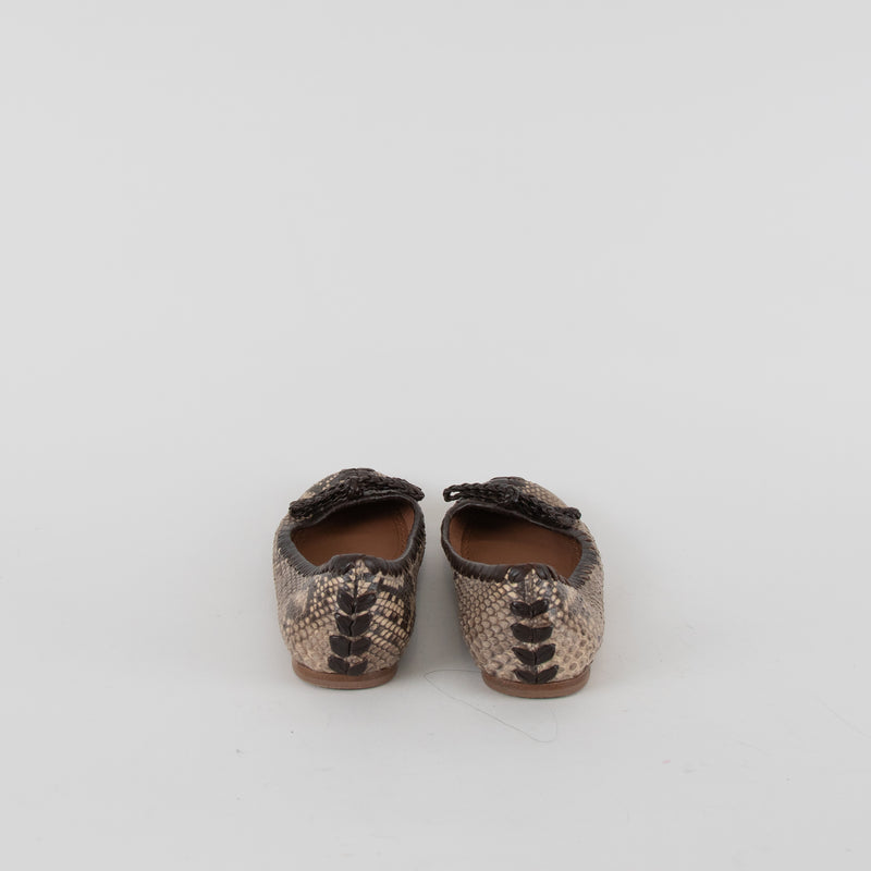 Alaia Brown Snake Skin BraIded Bow Flat Pumps