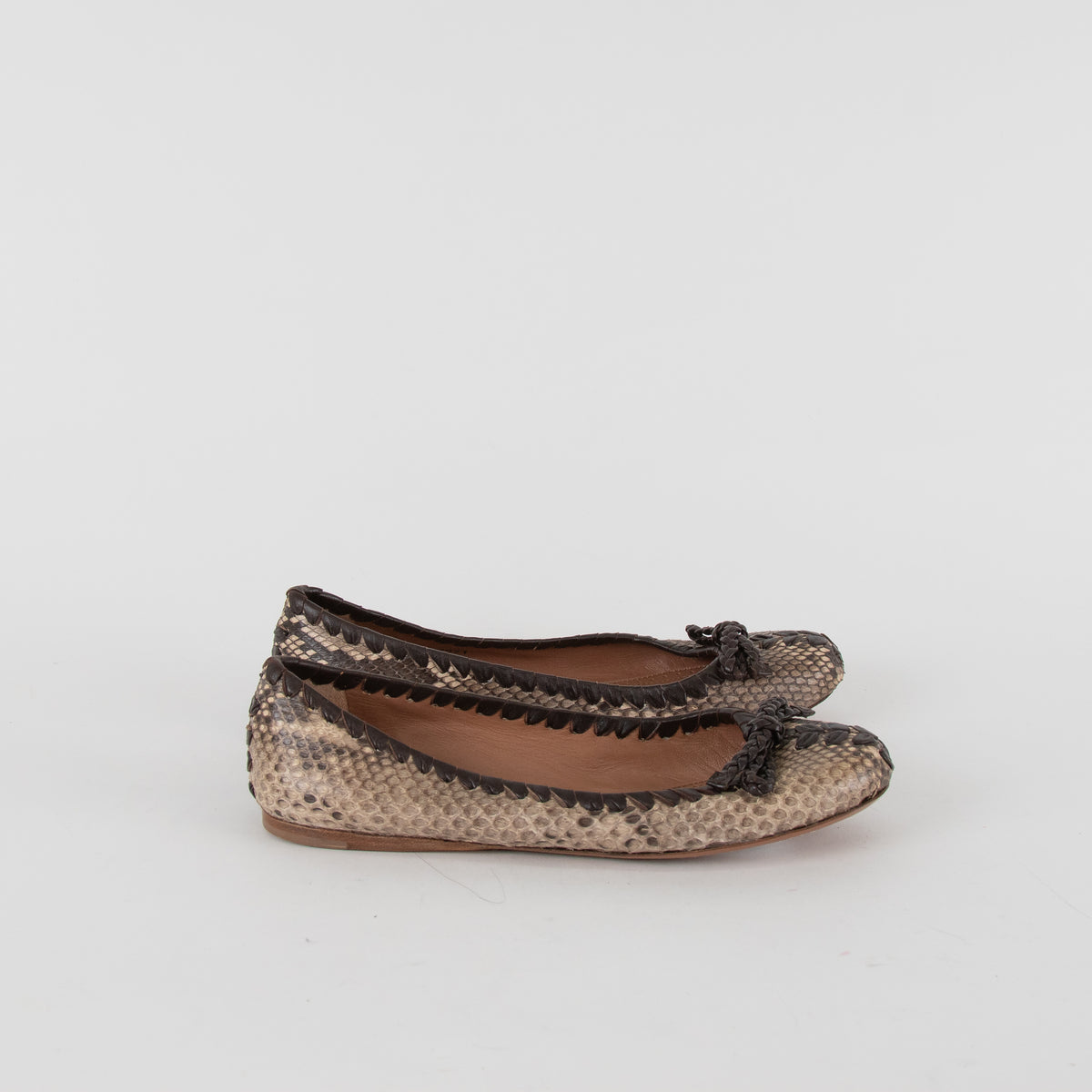 Alaia Brown Snake Skin BraIded Bow Flat Pumps