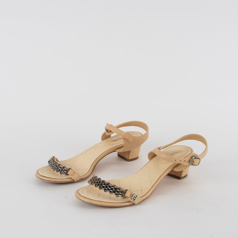Chanel Cream Leather Quilted Chain CC Sandals