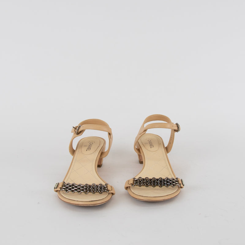 Chanel Cream Leather Quilted Chain CC Sandals
