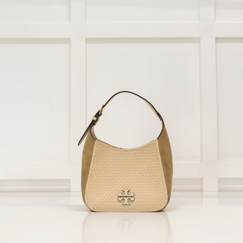 Tory Burch Cream Beige Suede Thea Woven Small Bag