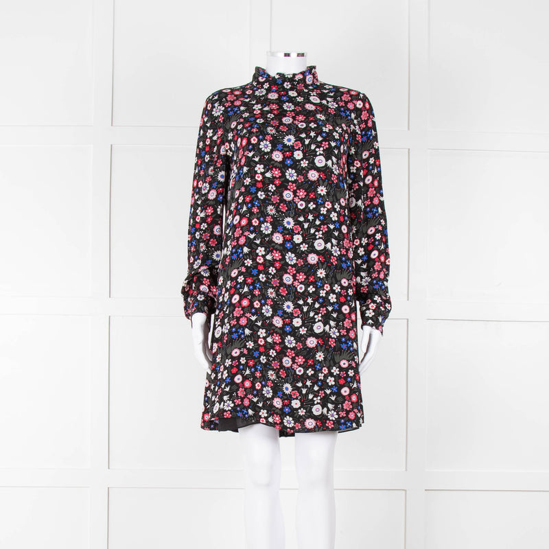 Valentino Black Cream Pink Floral Print High Neck Sleeved Dress