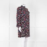 Valentino Black Cream Pink Floral Print High Neck Sleeved Dress