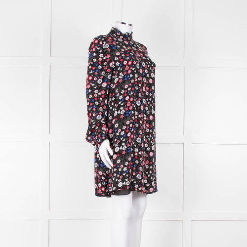 Valentino Black Cream Pink Floral Print High Neck Sleeved Dress
