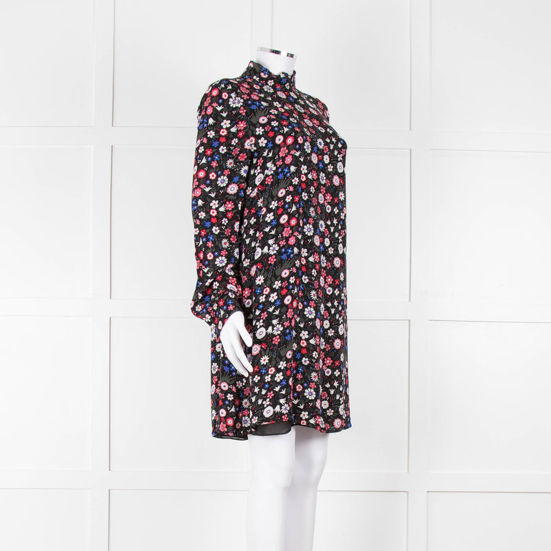 Valentino Black Cream Pink Floral Print High Neck Sleeved Dress