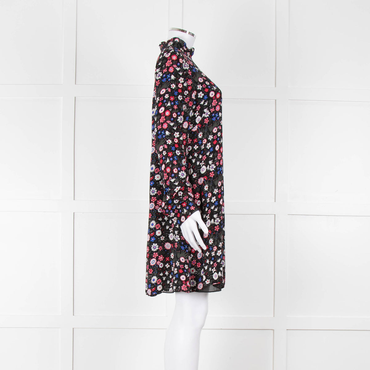 Valentino Black Cream Pink Floral Print High Neck Sleeved Dress