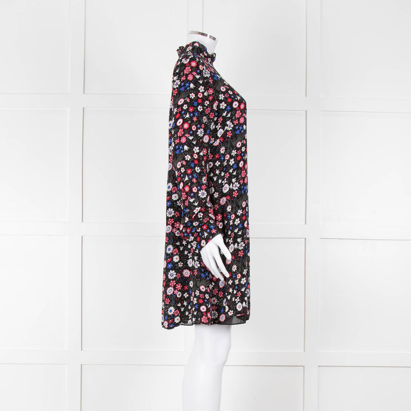 Valentino Black Cream Pink Floral Print High Neck Sleeved Dress