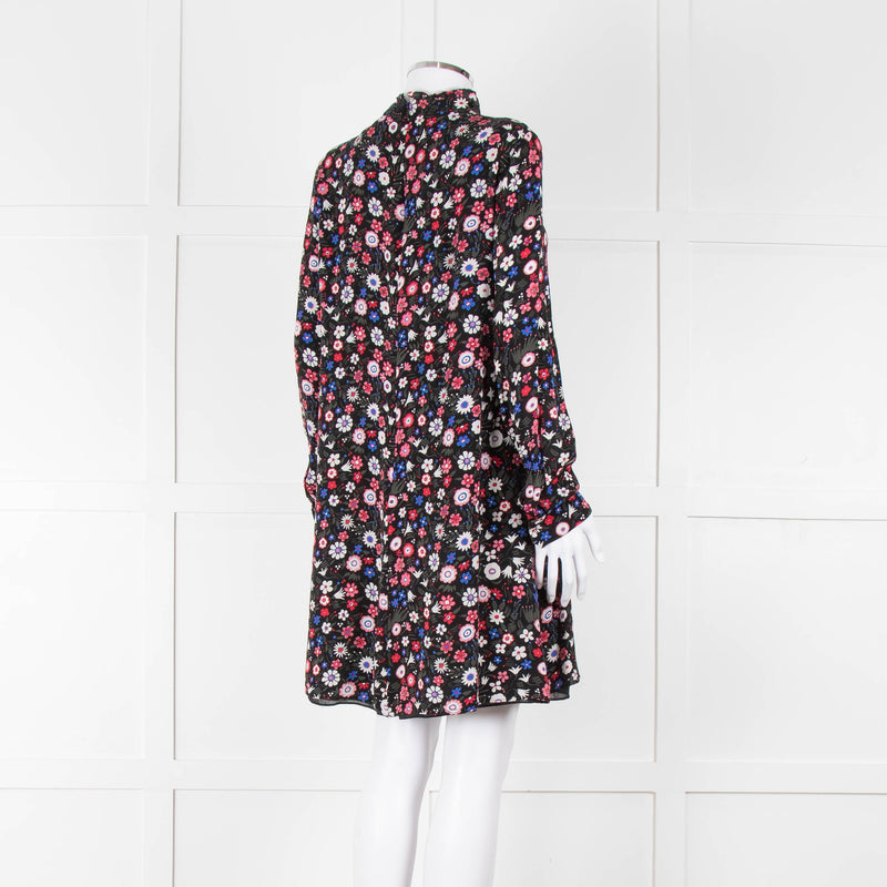 Valentino Black Cream Pink Floral Print High Neck Sleeved Dress