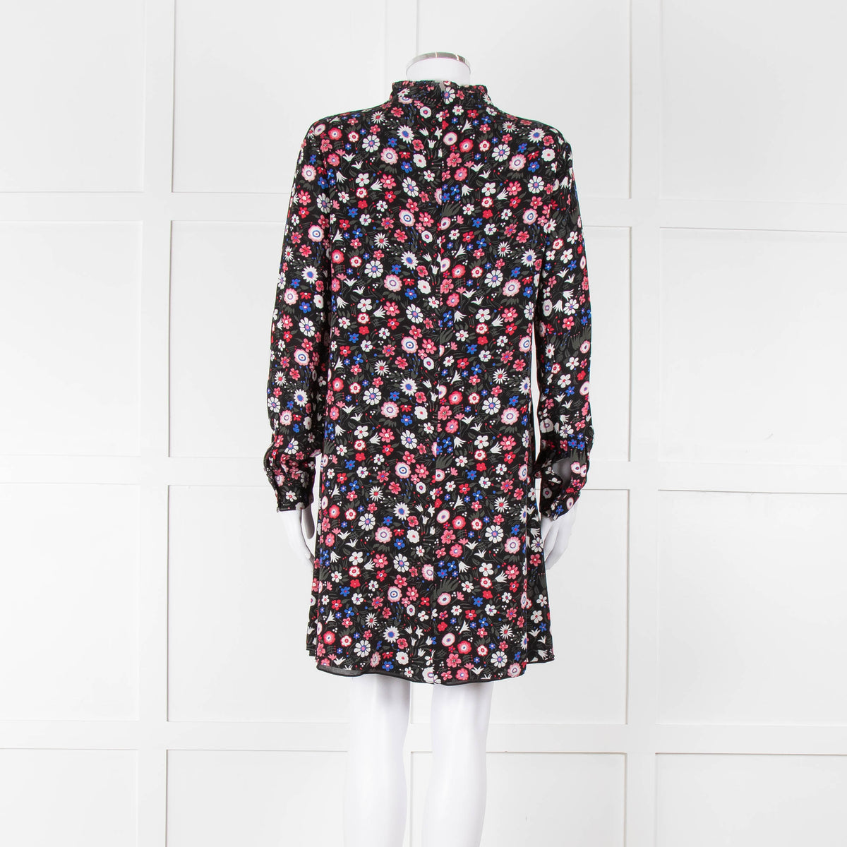 Valentino Black Cream Pink Floral Print High Neck Sleeved Dress
