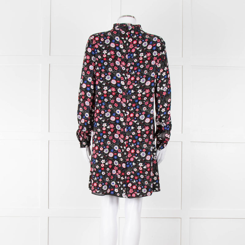 Valentino Black Cream Pink Floral Print High Neck Sleeved Dress