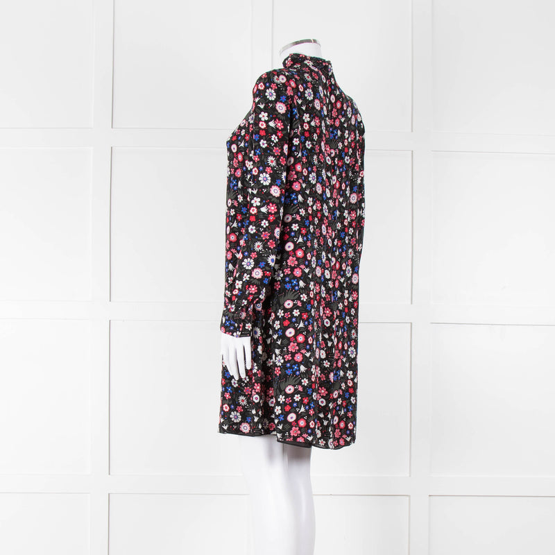 Valentino Black Cream Pink Floral Print High Neck Sleeved Dress