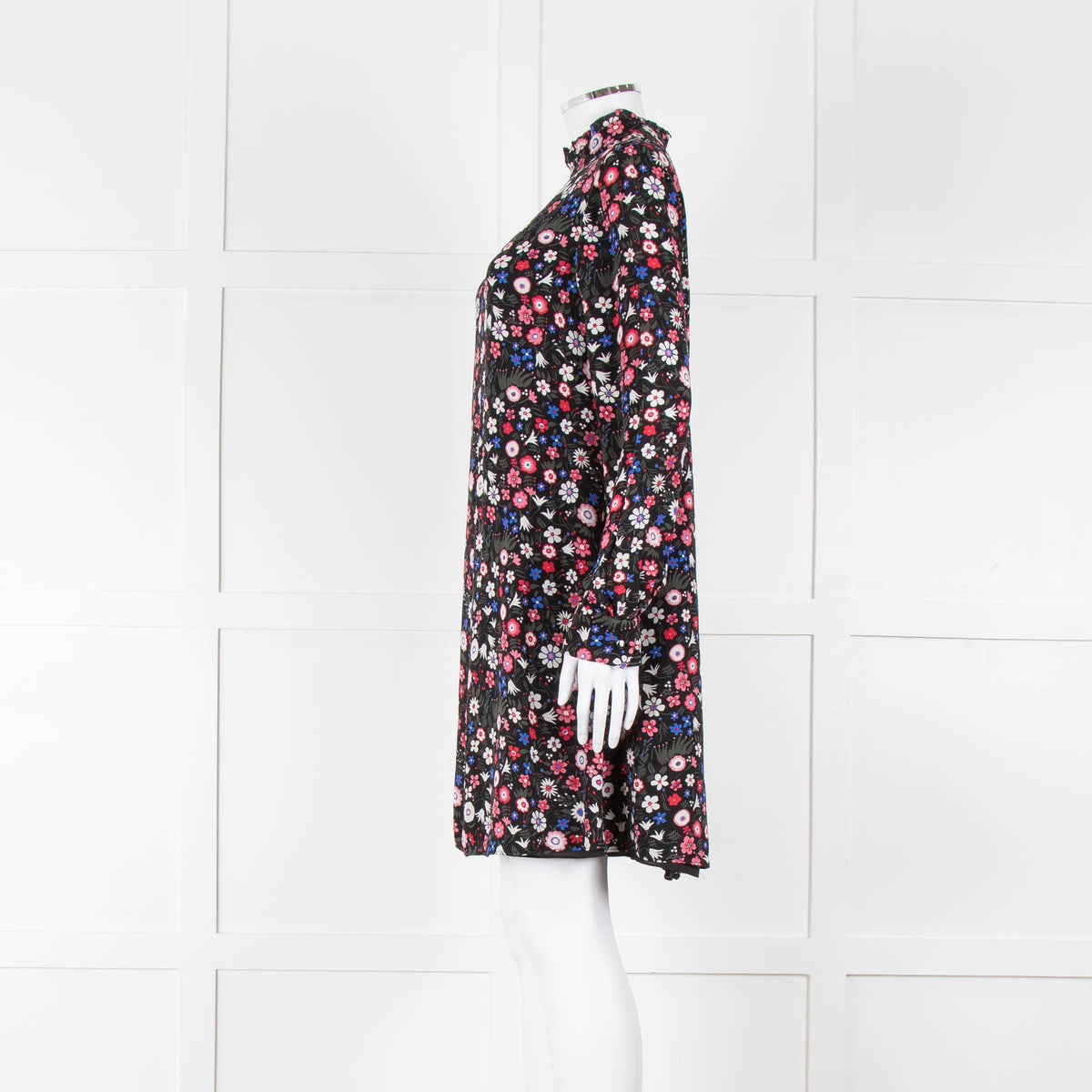 Valentino Black Cream Pink Floral Print High Neck Sleeved Dress