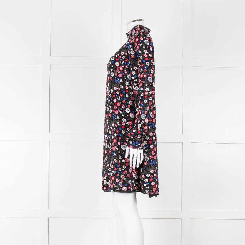 Valentino Black Cream Pink Floral Print High Neck Sleeved Dress