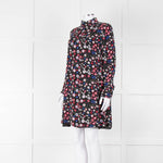 Valentino Black Cream Pink Floral Print High Neck Sleeved Dress