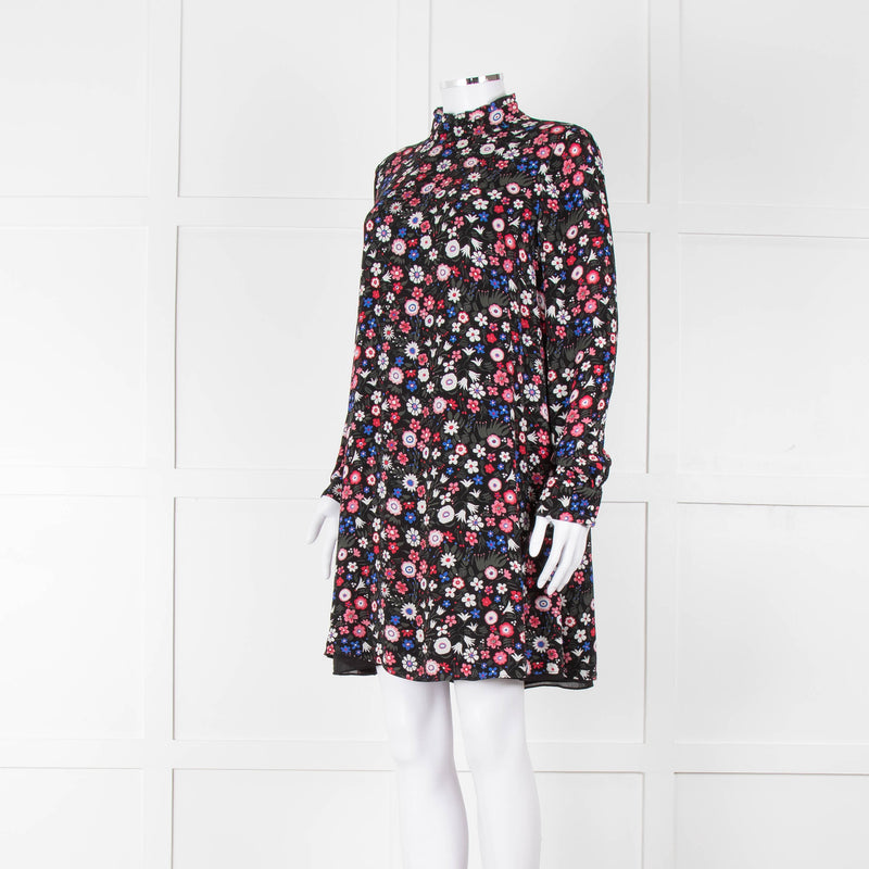 Valentino Black Cream Pink Floral Print High Neck Sleeved Dress