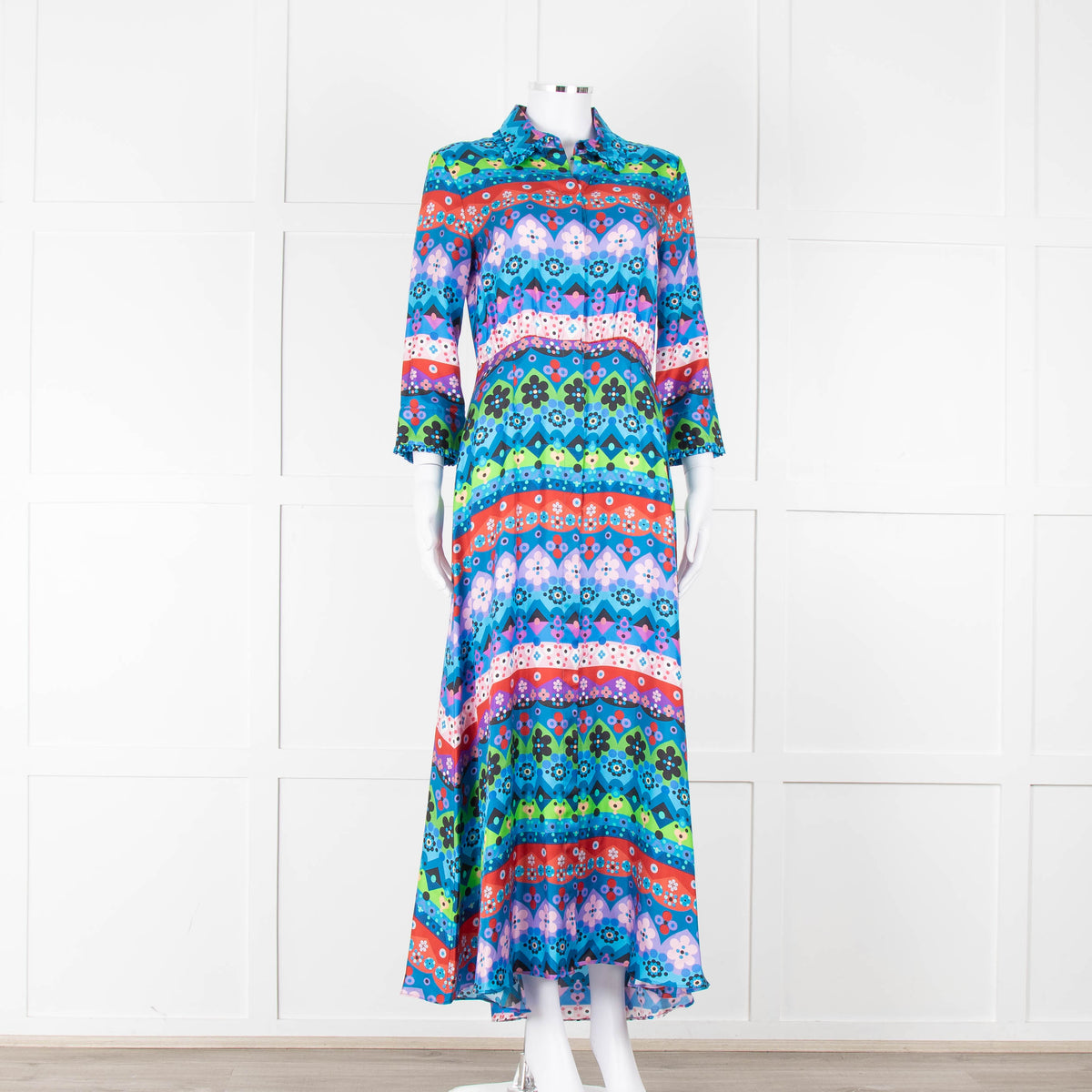 Borgo De Nor Blue Pink Green Floral Silk Maxi Dress