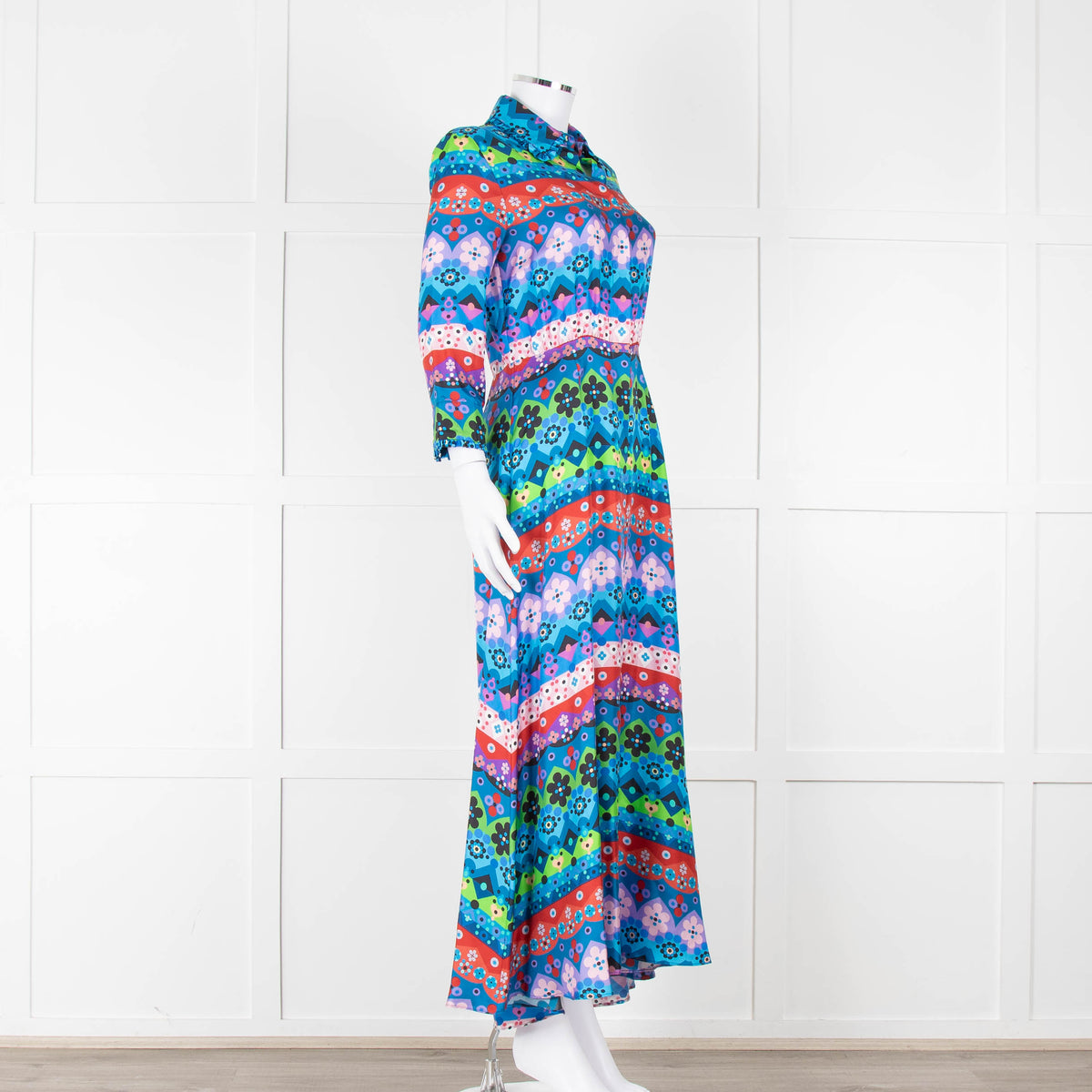Borgo De Nor Blue Pink Green Floral Silk Maxi Dress