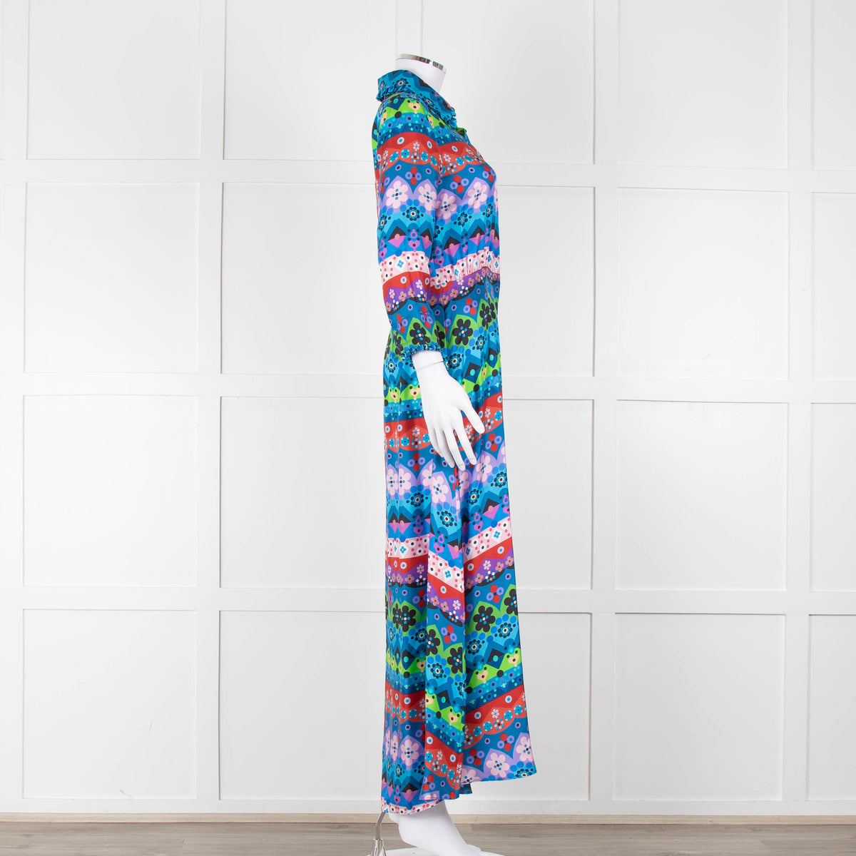 Borgo De Nor Blue Pink Green Floral Silk Maxi Dress
