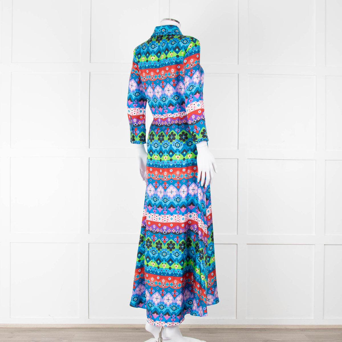 Borgo De Nor Blue Pink Green Floral Silk Maxi Dress