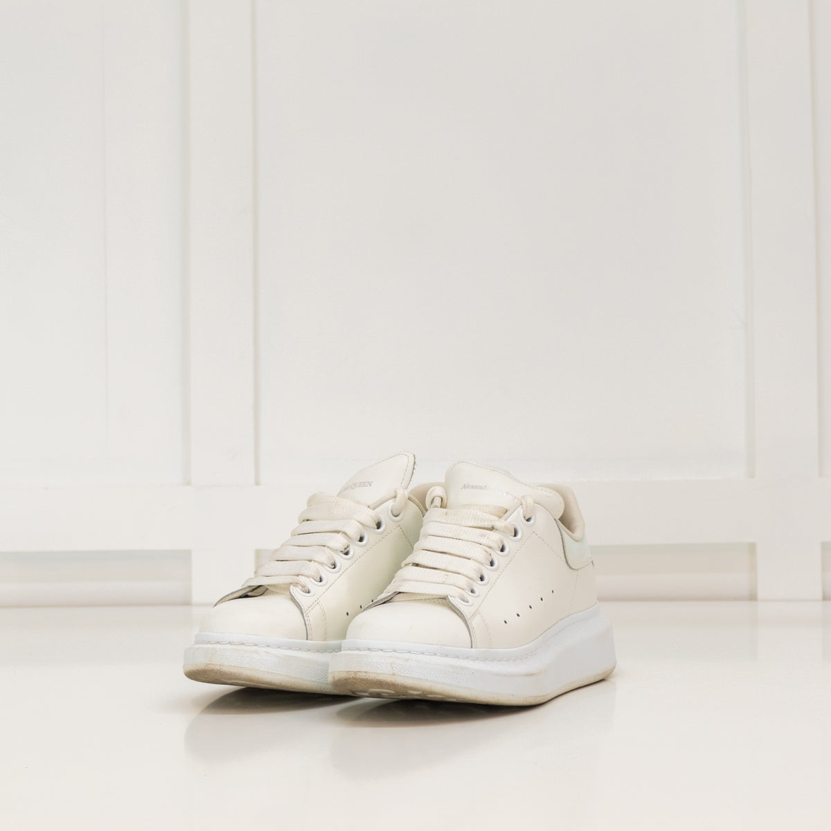Alexander McQueen White Leather Iridescent Ankle Cap Trainers
