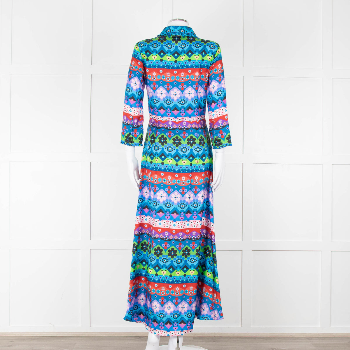 Borgo De Nor Blue Pink Green Floral Silk Maxi Dress