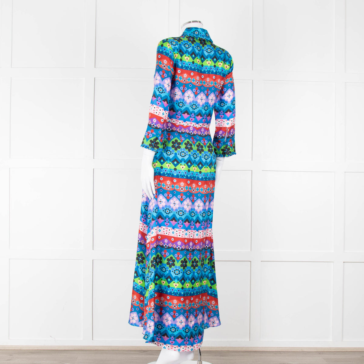 Borgo De Nor Blue Pink Green Floral Silk Maxi Dress