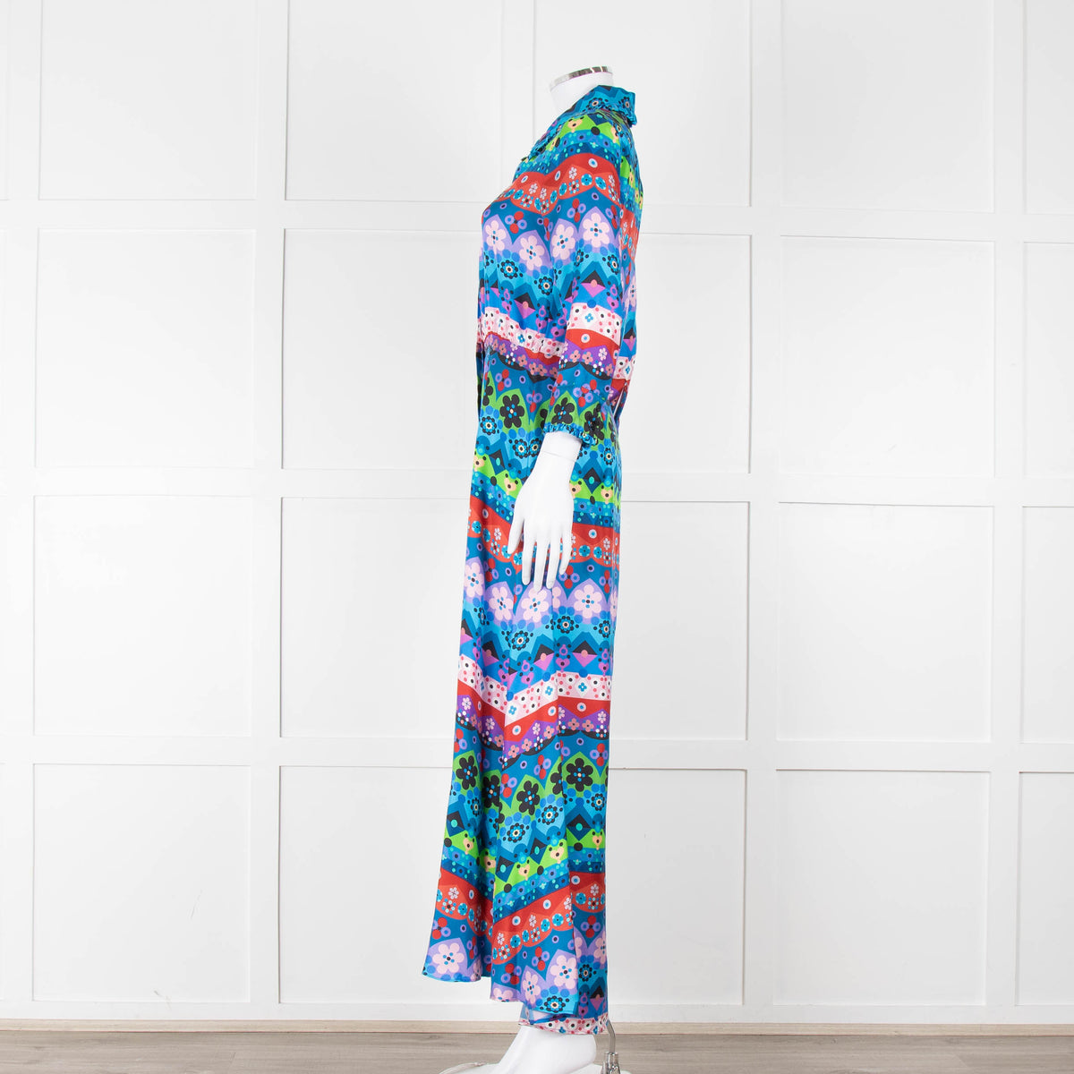 Borgo De Nor Blue Pink Green Floral Silk Maxi Dress