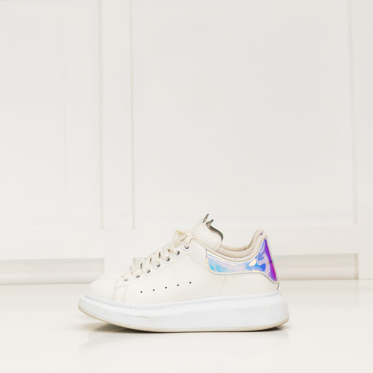 Alexander McQueen White Leather Iridescent Ankle Cap Trainers