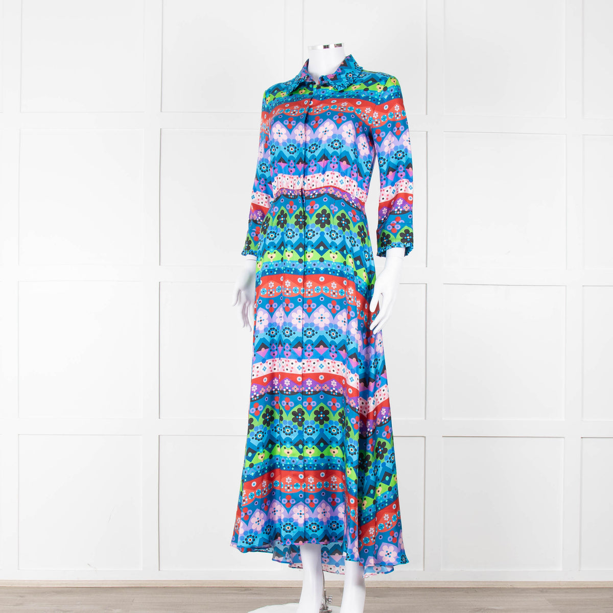 Borgo De Nor Blue Pink Green Floral Silk Maxi Dress