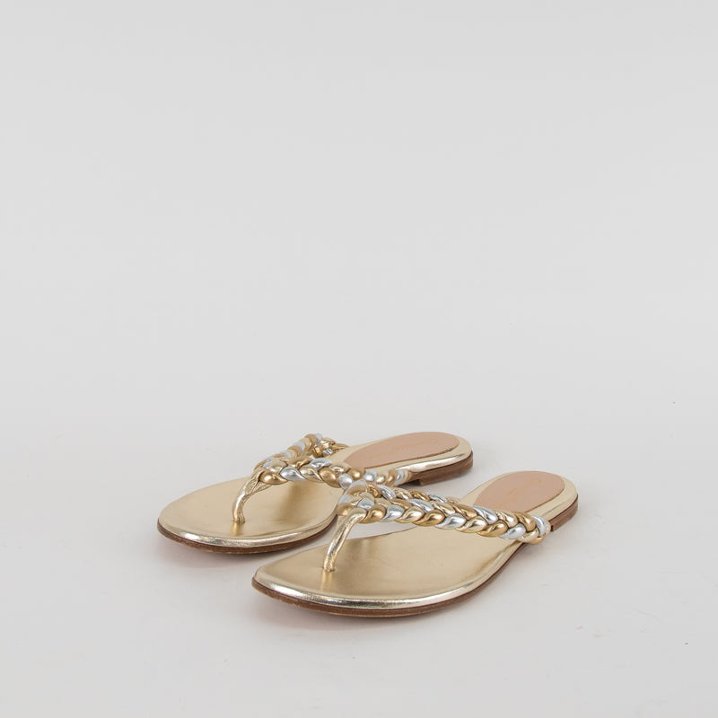 Gianvito Rossi Gold Braided Leather Flat Flip Flops