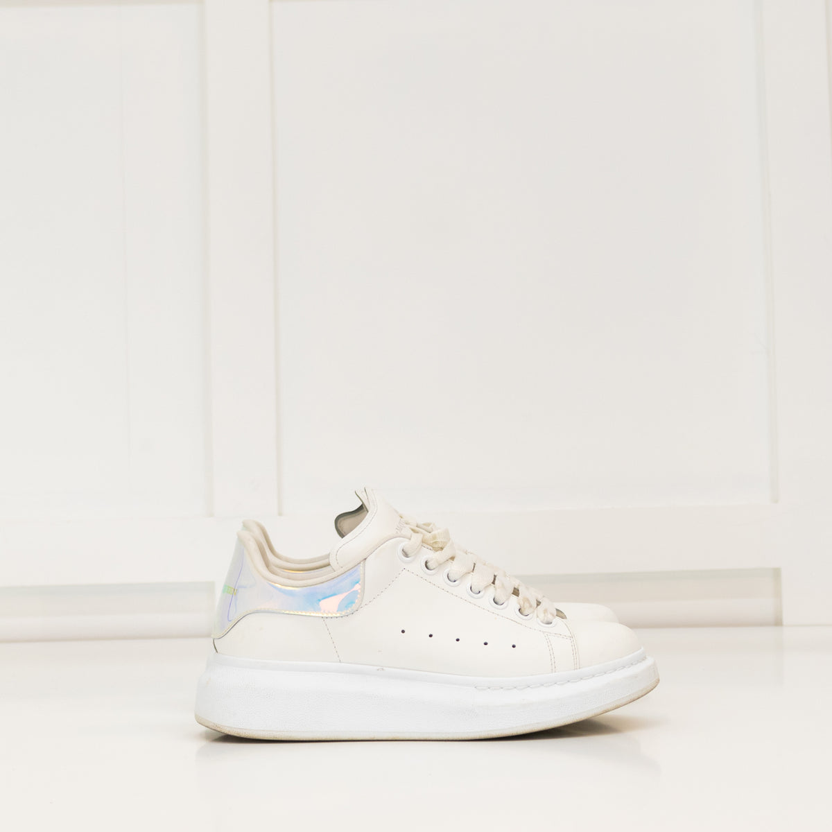 Alexander McQueen White Leather Iridescent Ankle Cap Trainers