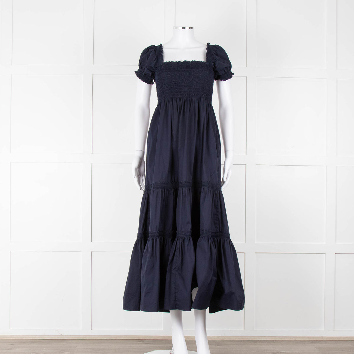 Tory Burch Navy Blue Cotton Ruched Bodice Puff Sleeve Maxi Dress