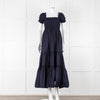 Tory Burch Navy Blue Cotton Ruched Bodice Puff Sleeve Maxi Dress