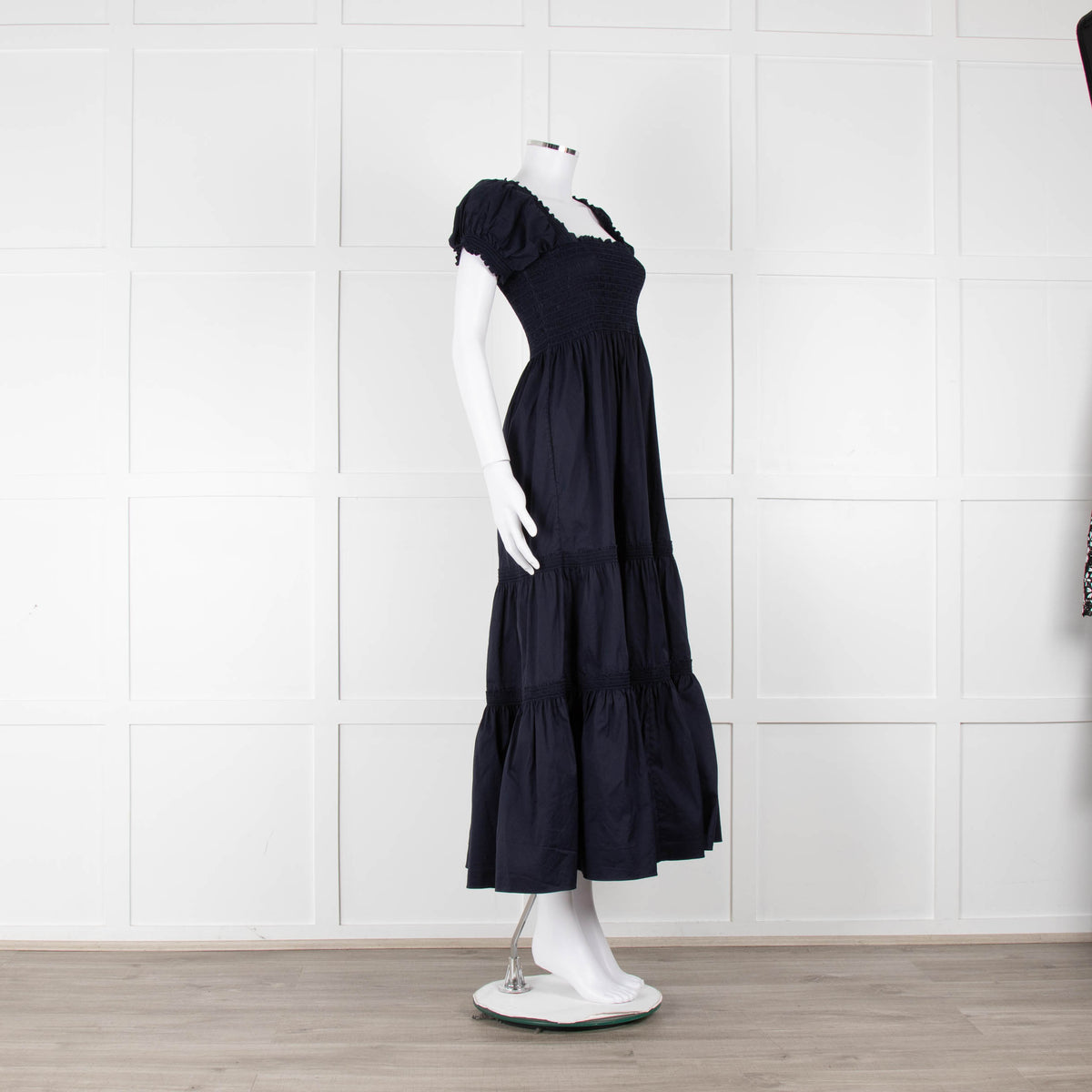 Tory Burch Navy Blue Cotton Ruched Bodice Puff Sleeve Maxi Dress