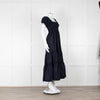 Tory Burch Navy Blue Cotton Ruched Bodice Puff Sleeve Maxi Dress