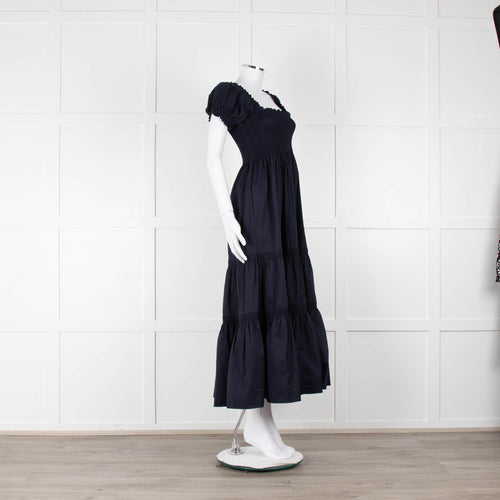 Tory Burch Navy Blue Cotton Ruched Bodice Puff Sleeve Maxi Dress