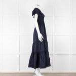 Tory Burch Navy Blue Cotton Ruched Bodice Puff Sleeve Maxi Dress