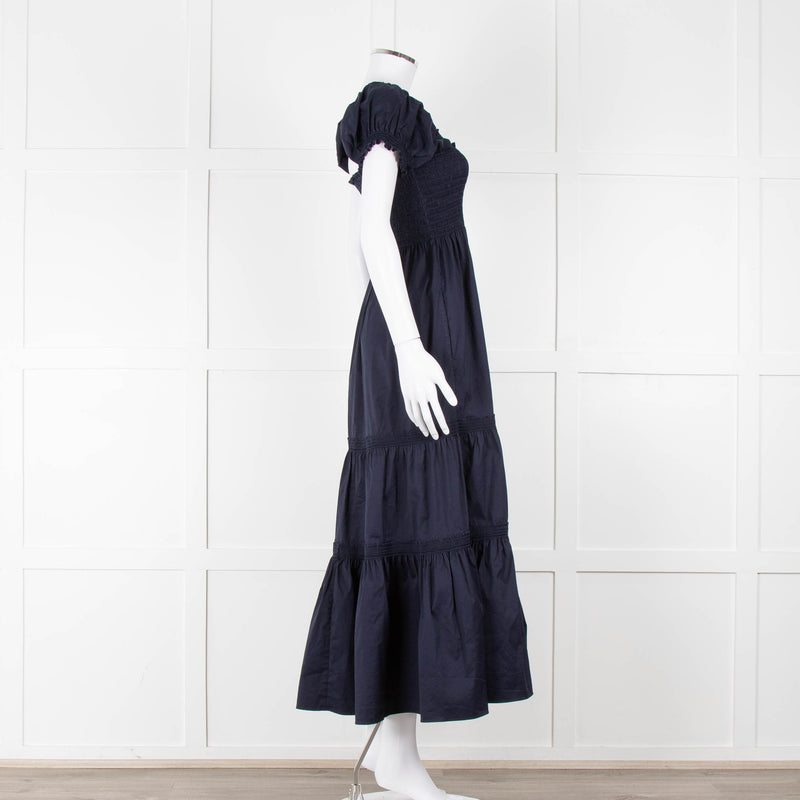 Tory Burch Navy Blue Cotton Ruched Bodice Puff Sleeve Maxi Dress