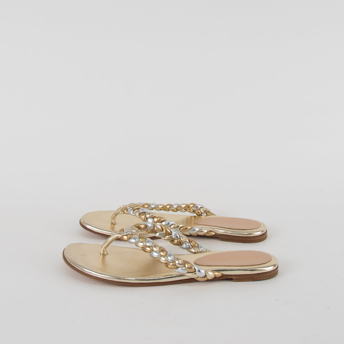 Gianvito Rossi Gold Braided Leather Flat Flip Flops