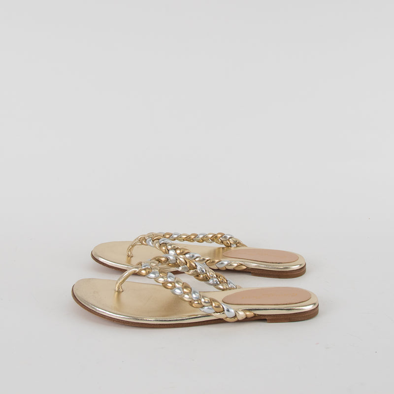 Gianvito Rossi Gold Braided Leather Flat Flip Flops