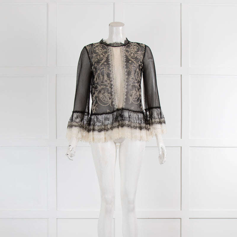 Alberta Ferretti Black Net L/S Top With Cream Embroidery Detail