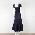 Tory Burch Navy Blue Cotton Ruched Bodice Puff Sleeve Maxi Dress