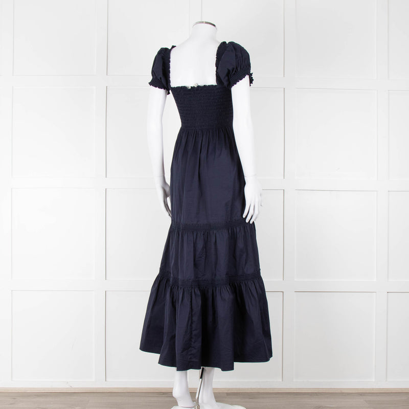 Tory Burch Navy Blue Cotton Ruched Bodice Puff Sleeve Maxi Dress