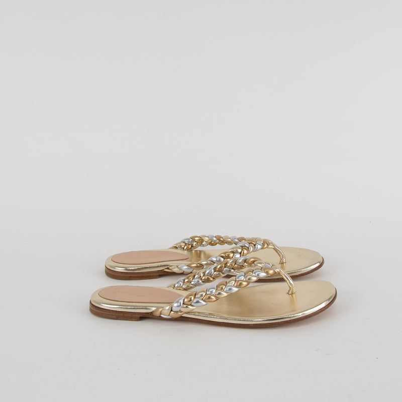 Gianvito Rossi Gold Braided Leather Flat Flip Flops