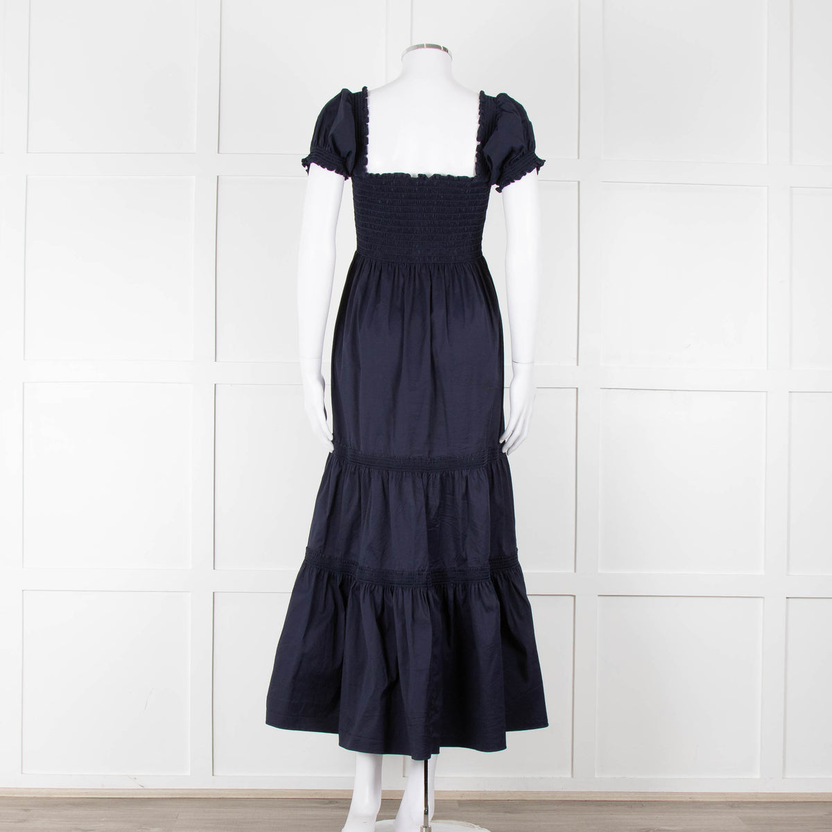 Tory Burch Navy Blue Cotton Ruched Bodice Puff Sleeve Maxi Dress
