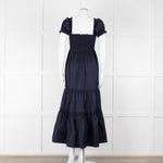 Tory Burch Navy Blue Cotton Ruched Bodice Puff Sleeve Maxi Dress