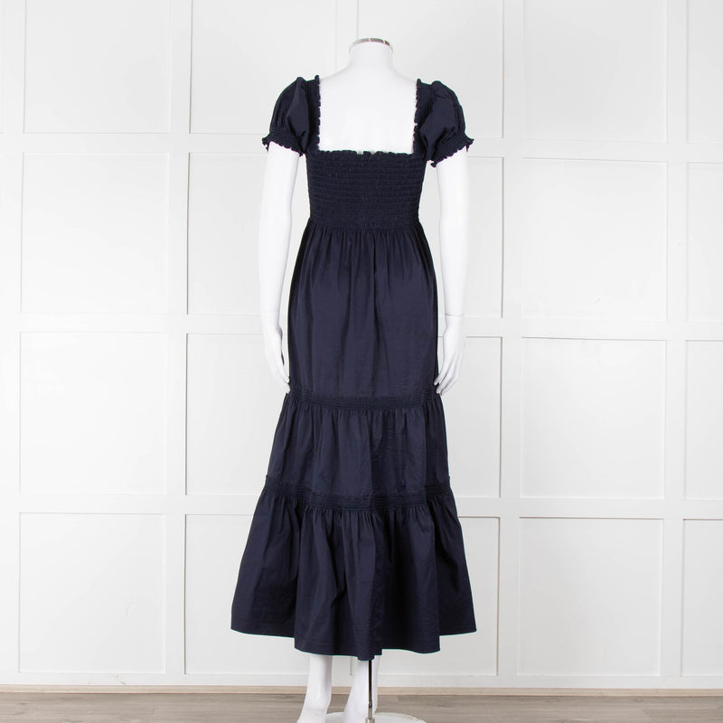Tory Burch Navy Blue Cotton Ruched Bodice Puff Sleeve Maxi Dress