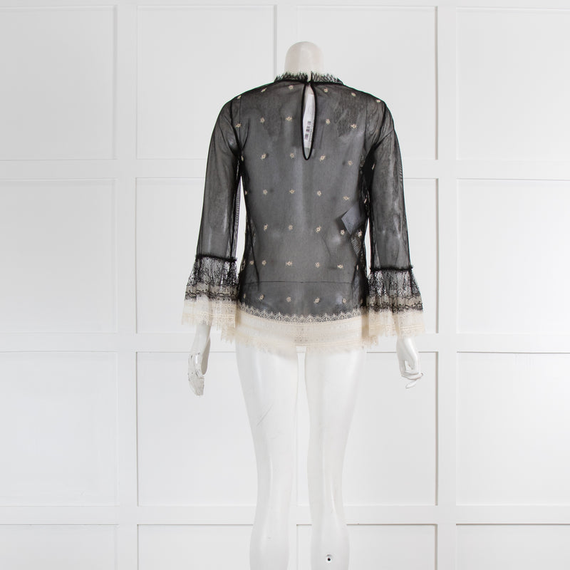 Alberta Ferretti Black Net L/S Top With Cream Embroidery Detail